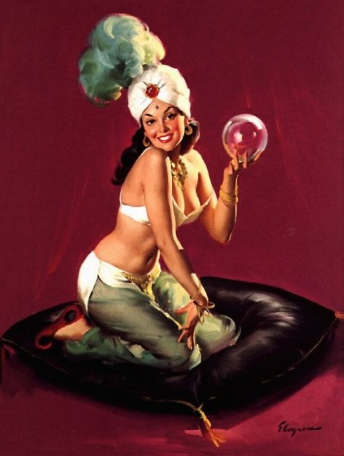 This is a classic Elvgren painting. You can search this blog for more.